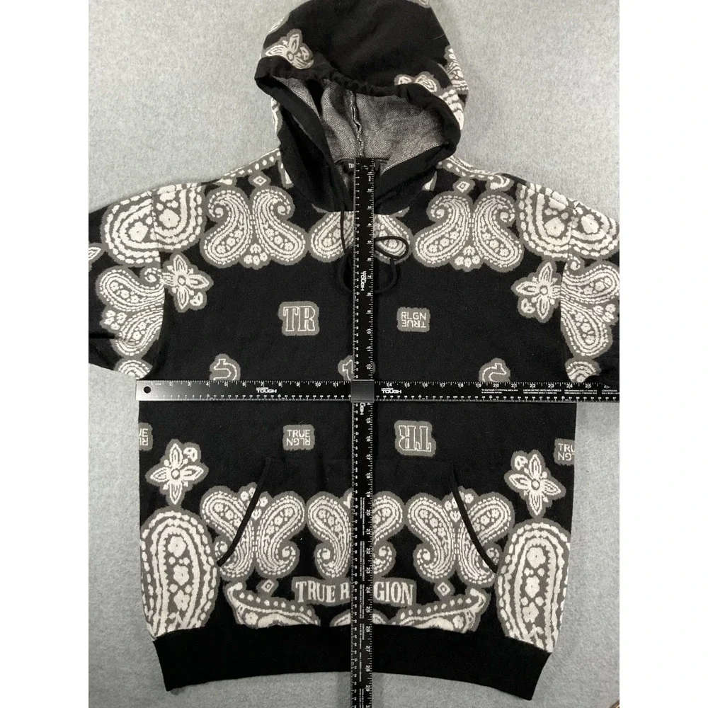 True Religion Mens Knitted Bandana Hoodie Black White Paisley Logo Sweater M 938